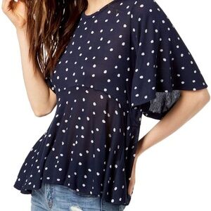 LUCKY BRAND Polka Dot Peplum Swing Asymmetrical Hem Keyhole Back Blouse